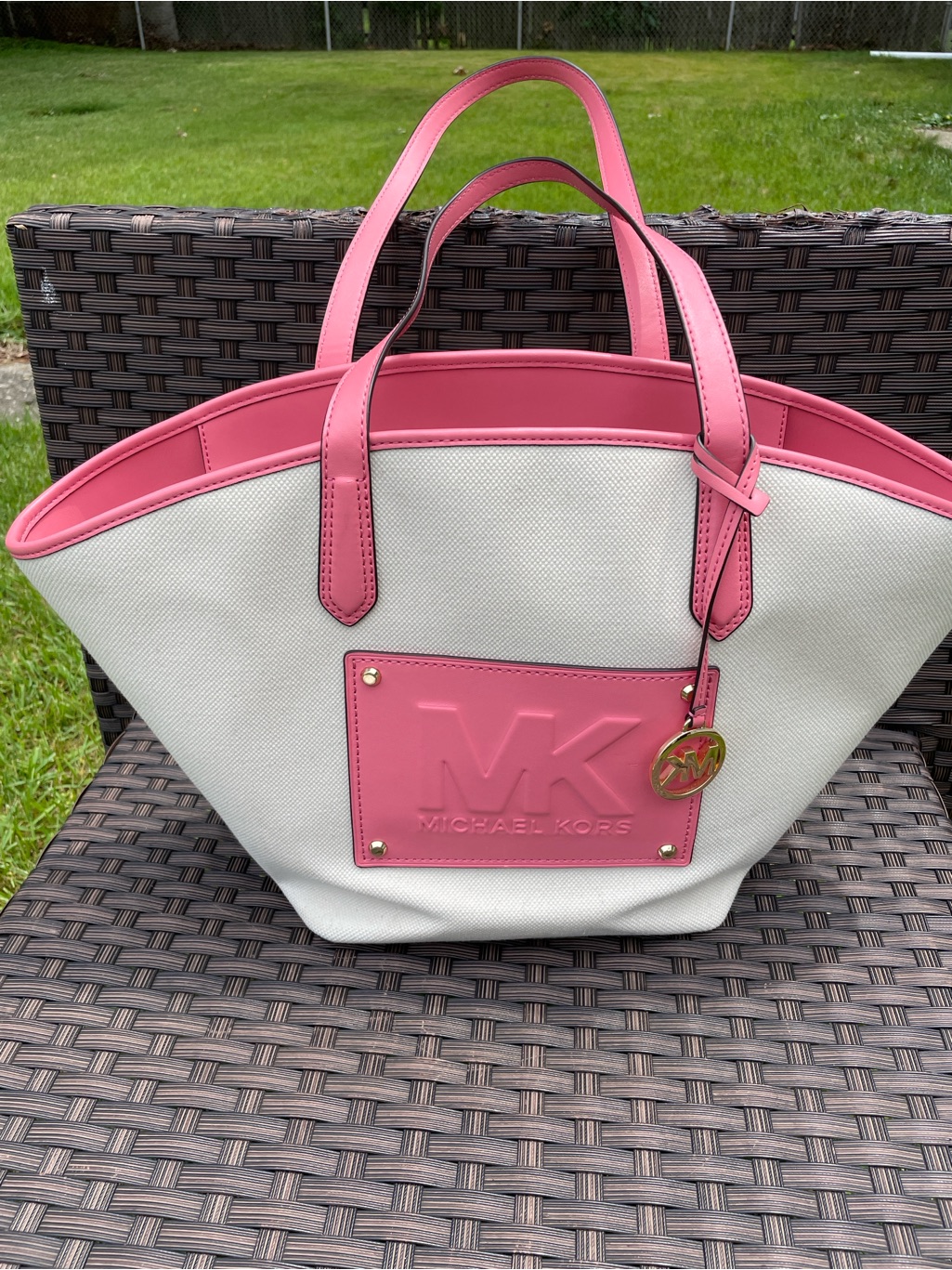 Michael Kors White Pink Shoulder Kimber Large Cotton Canvas Tote Bag
